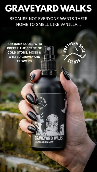 The scent of damp earth and cold stone, mixed with the drifting scent of graveyard flowers. Leafy green notes lead to a heart of white lily and violet with mosses and damp earth of a base of musk & cedar 🖤