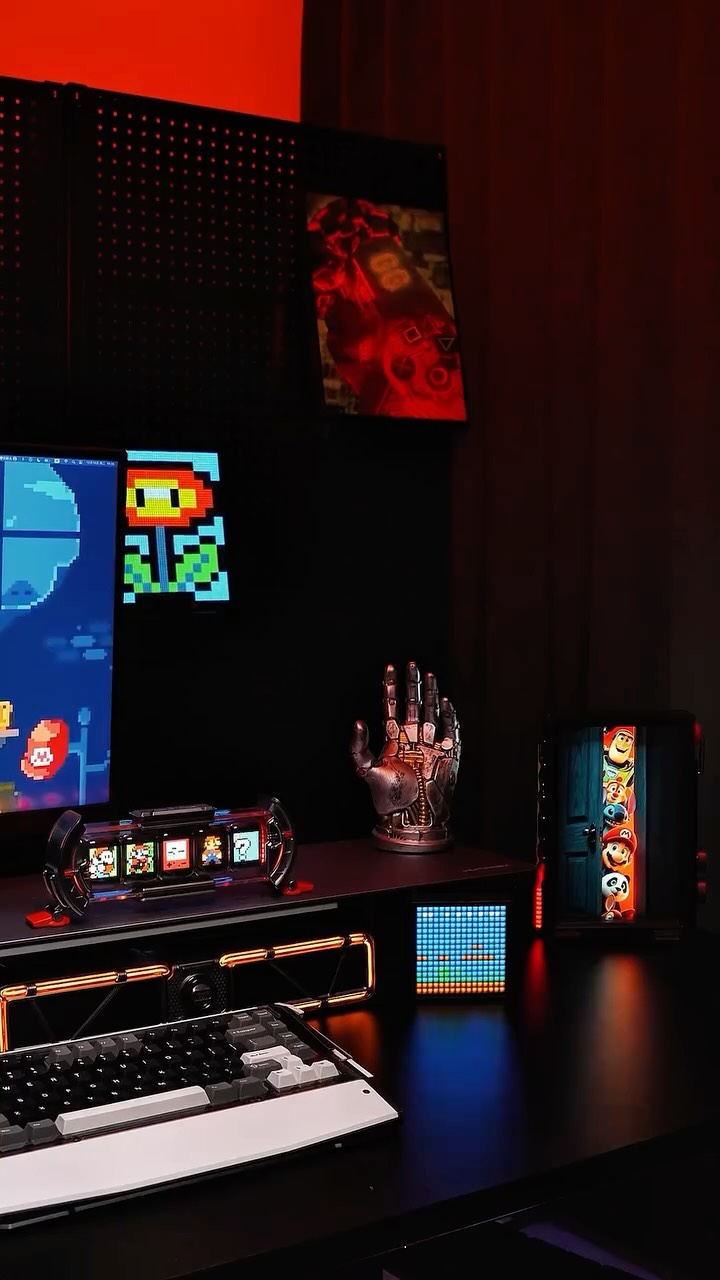 Warning: This dark Divoom desk setup is too sleek to handle! 🚨#divoom #techlife #giftbaskets #desksetup #timesframe #instamood #pixelart #desk #dark #black #blackfitness #tech #gameart #gamingroom #gamingsetup