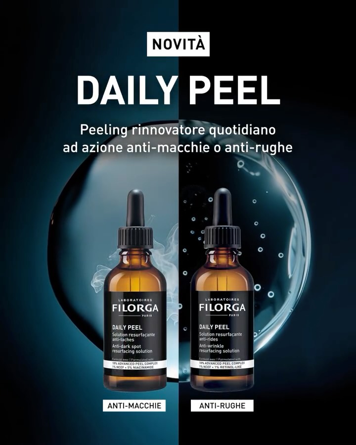 Possiamo finalmente svelarvi la novità: nuovo DAILY PEEL FILORGA 🖤 OLTRE L'ESFOLIAZIONE 

2 sieri esfolianti, ispirati ai peeling professionali, per rinnovare quotidianamente. 

Tripla azione: 
1️⃣ stimola il rinnovamento cellulare
2️⃣ agisce su macchie o rughe
3️⃣ rende la pelle più ricettiva agli attivi successivi

Da applicare tutte le sere. Nessun tempo di riposo.🌙
Non richiede risciacquo.

Quale esigenza è prioritaria per te? Macchie o rughe? 😍 

#Filorga #DailyPeel #Peeling