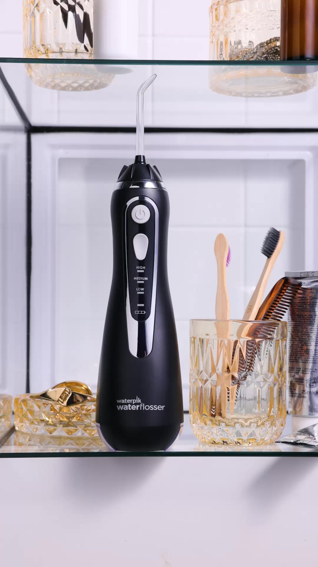 Your bathroom shelf, elevated. The Waterpik Cordless Advanced brings sleek design and superior performance to your daily routine. Experience premium oral care, anytime.
