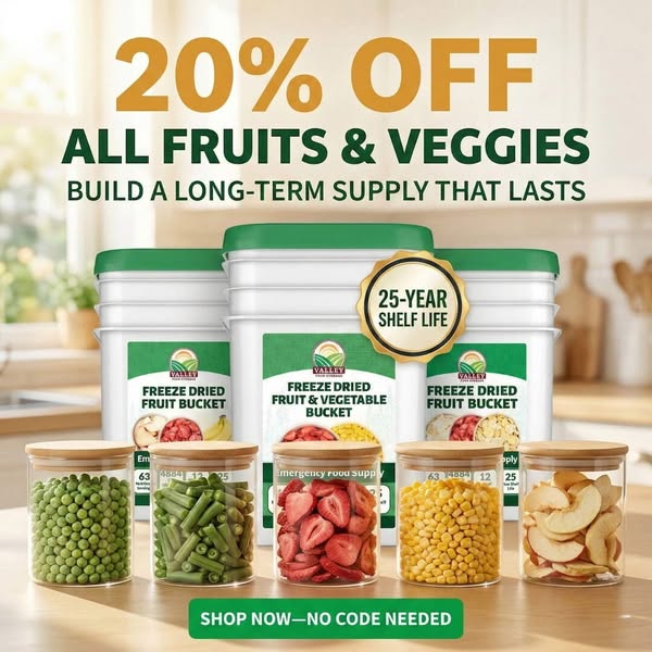 25-Year Shelf Life. 20% Off Fruits & Veggies. 🍓