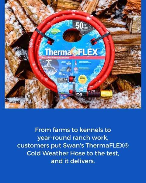 ❄️ Say goodbye to winter hose hassles with Swan’s revolutionary ThermaFLEX® Cold Weather Hose! ❄️

Thanks to its thermal-conducting jacket, ThermaFLEX stays strong, flexible, and reliable down to -30°F. 🌡️ Plus, our proprietary compound helps protect the hose from cracking or bursting when water inside freezes, so you can water, rinse, or wash with confidence all season long.

ThermaFLEX highlights:

🔹 400 PSI burst strength
🔹 Proprietary compound resists damage when water inside freezes
🔹 Thermal-conducting jacket maintains flexibility to -30°F
🔹 Ideal for use in cold climates
🔹Patented Hose Armour® prevents kinks at the water source
🔹Extra-large aluminum couplings are crush-proof to 4,000 PSI
🔹Meets lead-free standards under the Federal Safe Drinking Water Act

👉 To learn more about the ThermaFLEX Cold Weather Hose or to purchase, click here: https://bit.ly/4ou0AVX

#SwanHose #AllWeatherHose #ColdWeatherGardening #ColdWeatherHose #DurableDesign #FreezeResistant #GardenGear #GardenHose #OutdoorEssentials #ThermaFLEX #WinterReady #WinterWatering #ZeroDegreeDurability