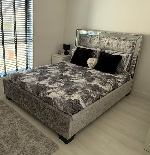Super King Size Next Grey Velvet & Mirrored Bed With Mattress