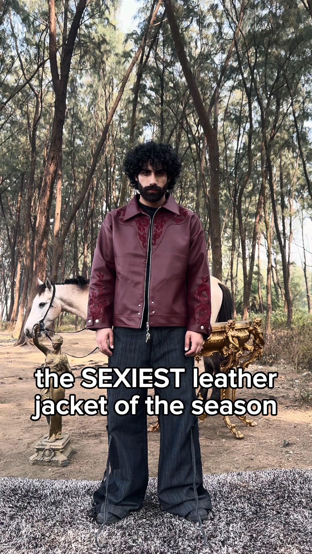 The BELLA Cherry Red Jacket is an ode to movement, passion, and power.
Sculpted leaf motifs wrap the sleeves, front, and back—woven through delicate lattice work to create a rich, layered ornamentation that commands attention.

Crafted in Cherry Red Vegan Leather, detailed with nearly 300,000 embroidery stitches, and finished with a stainless steel rose zip puller, this piece blurs the line between fashion and art.

Unisex. Bold. Unforgettable.
This isn’t just worn—it’s performed.