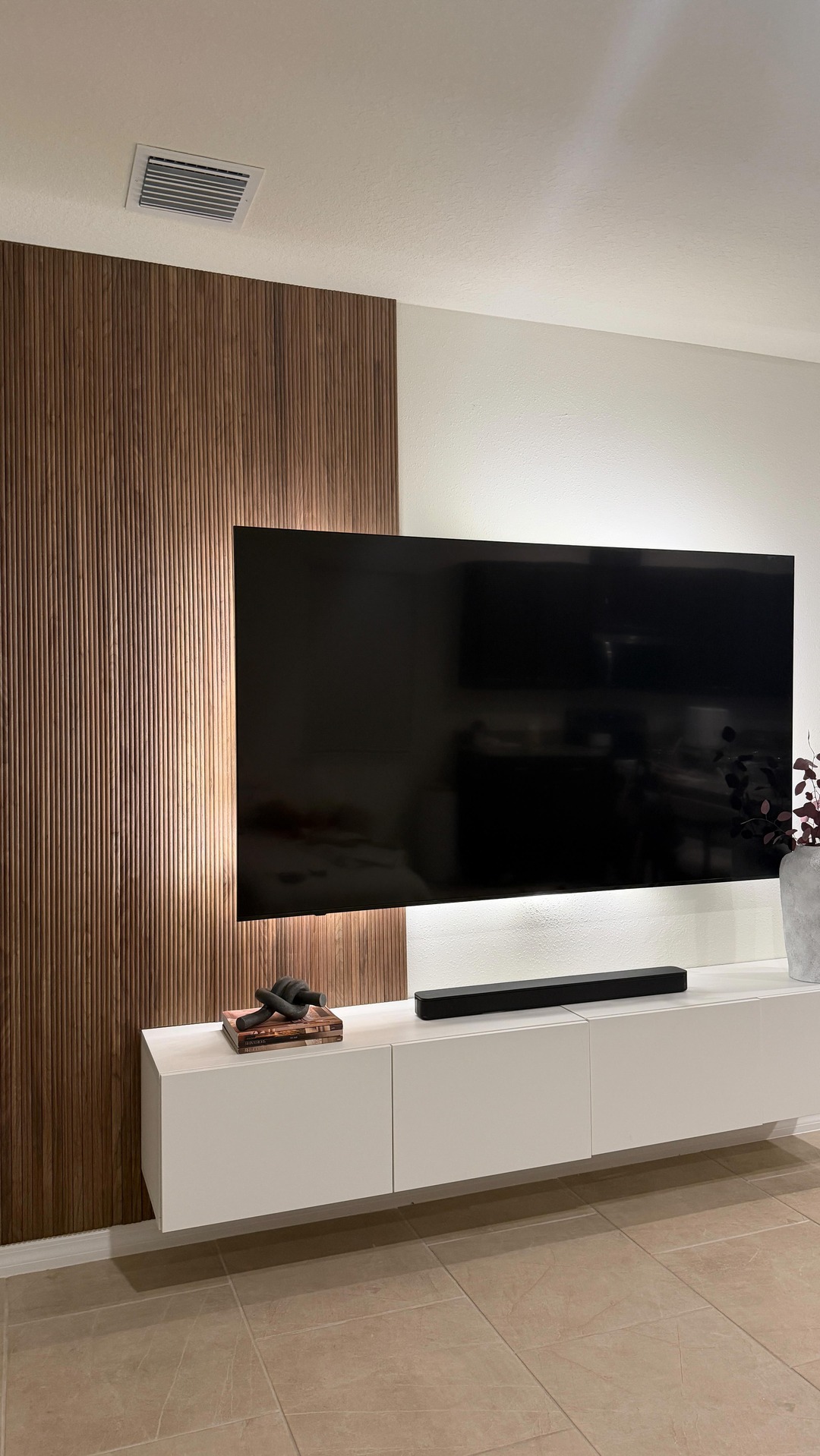 Transformed my TV wall into a warm, modern focal point with @akuwoodpanel_usa ✨
•
Premium 3-sided wood veneer wall panels designed to improve acoustics and enhance aesthetic appeal 🤍
#homedecor #woodpanels #decoration