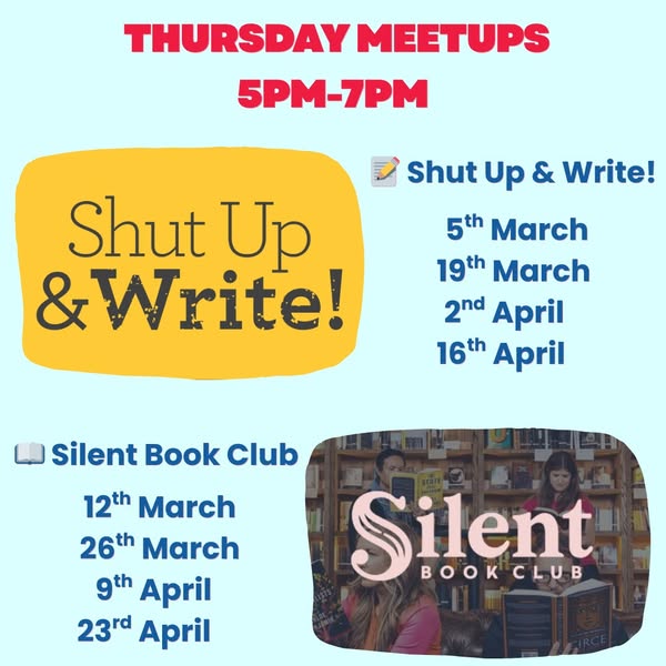 Thursday Meetups - 5pm-7pm

📝 Shut Up & Write!
5th March, 5pm-7pm
19th March, 5pm-7pm
2nd April, 5pm-7pm
16th April, 5pm-7pm

📖 Silent Book Club
12th March, 5pm-7pm
26th March, 5pm-7pm
9th April, 5pm-7pm
23rd April, 5pm-7pm

Check event dates and times at:
www.TheCoffeePressNV.com

#ShutUpAndWrite #SilentBookClub #HendersonNV
4 w